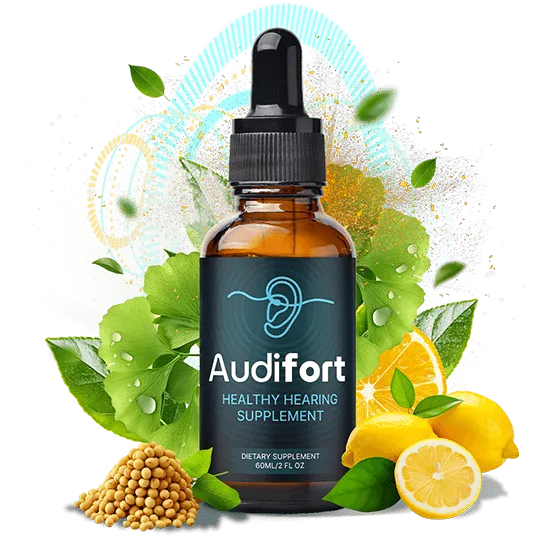 Audifort healthy hearing supplement bottle with lemon slices, green leaves, and natural ingredient elements
