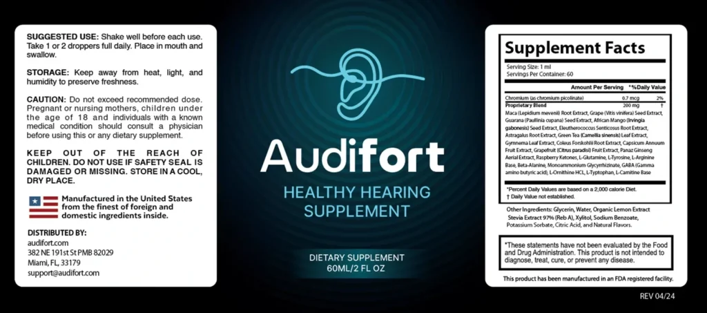 Audifort supplement label with suggested use, supplement facts, and product branding